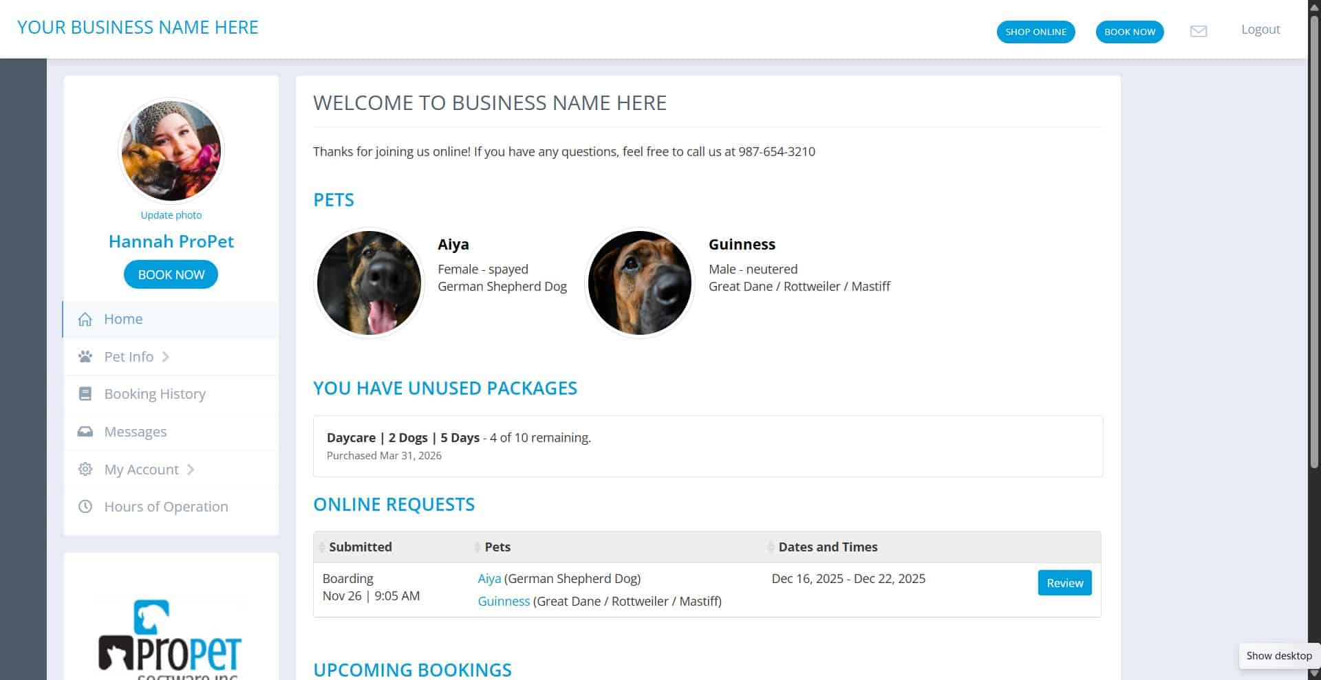 screenshot of a propet software customer portal view